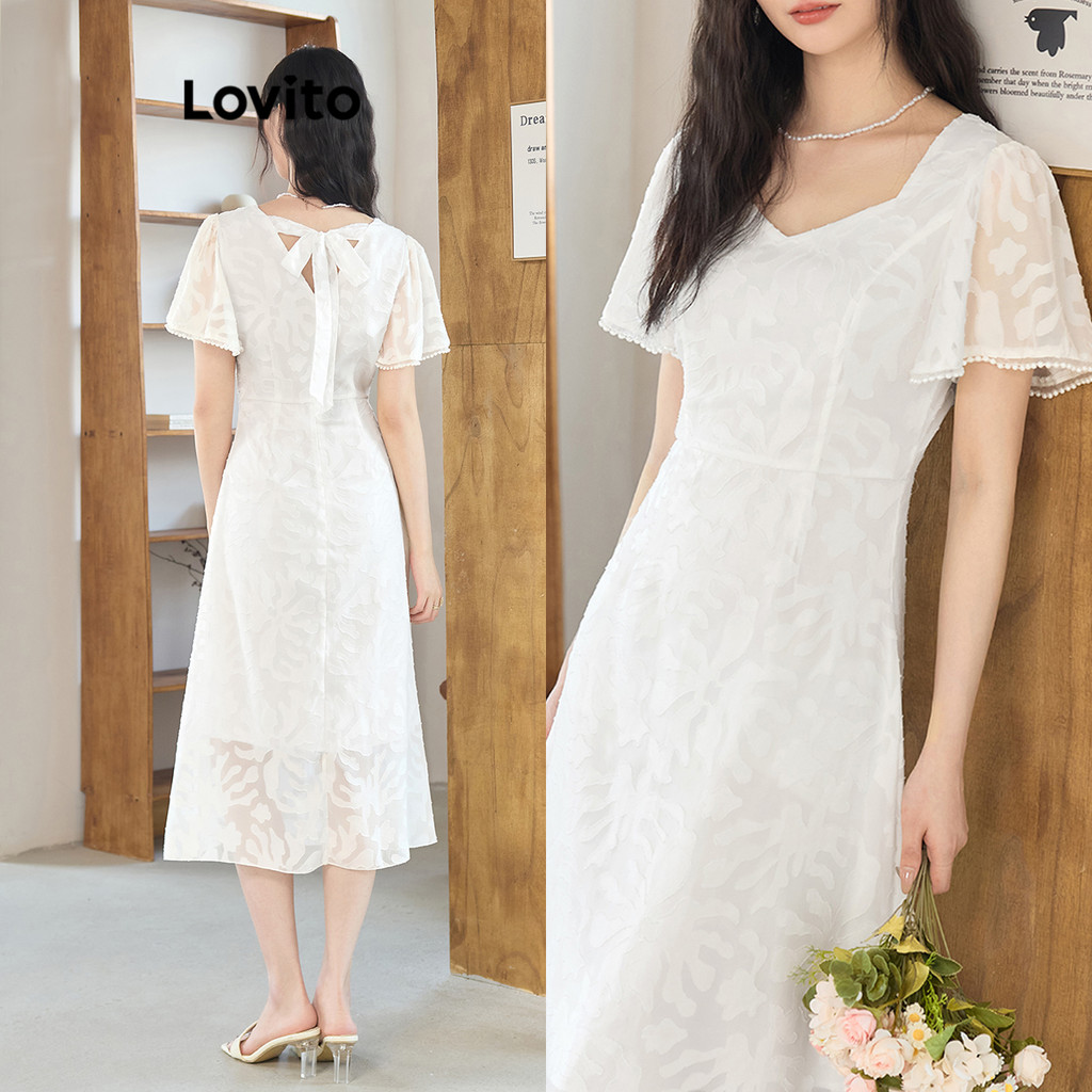 Lovito ชุดเดรส นัวเนีย เส้นโครงสร้างไข่มุกธรรมดาหรูหราสำหรับผู้หญิง L100MD220