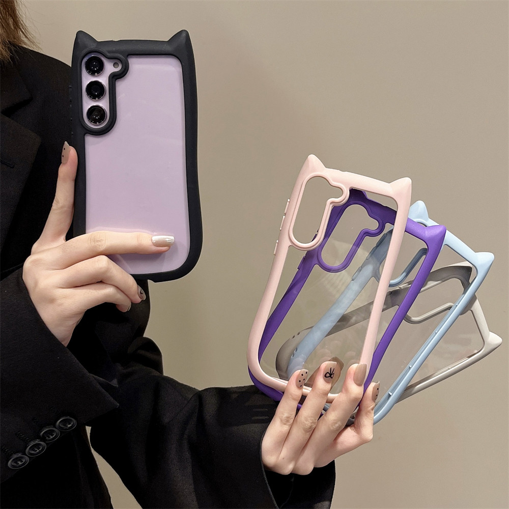 เกาหลีน่ารักตลกสีลูกกวาด 3D หูแมวโปร่งใสสําหรับ Samsung Galaxy S23 S24 Plus S23 S24 Kawaii กันกระแทกปกหลัง