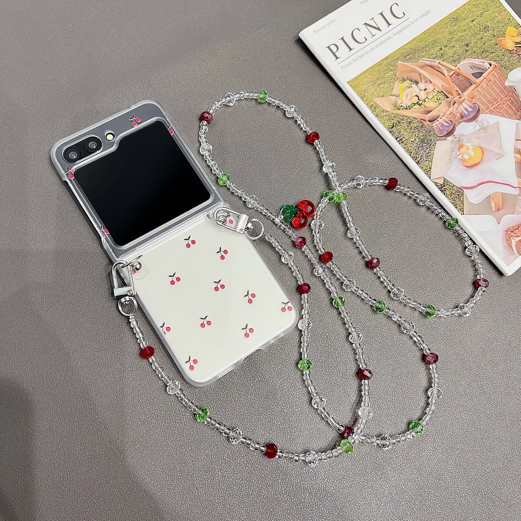 Flip6 Samsung Galaxy Z Flip5 เคสน่ารักการ์ตูนเชอร์รี่พร้อมโซ่ยาวเคสแข็ง Samsung Galaxy Z Flip 3 Flip4 กันกระแทกโทรศัพท์ความคิดสร้างสรรค์กรณีปก