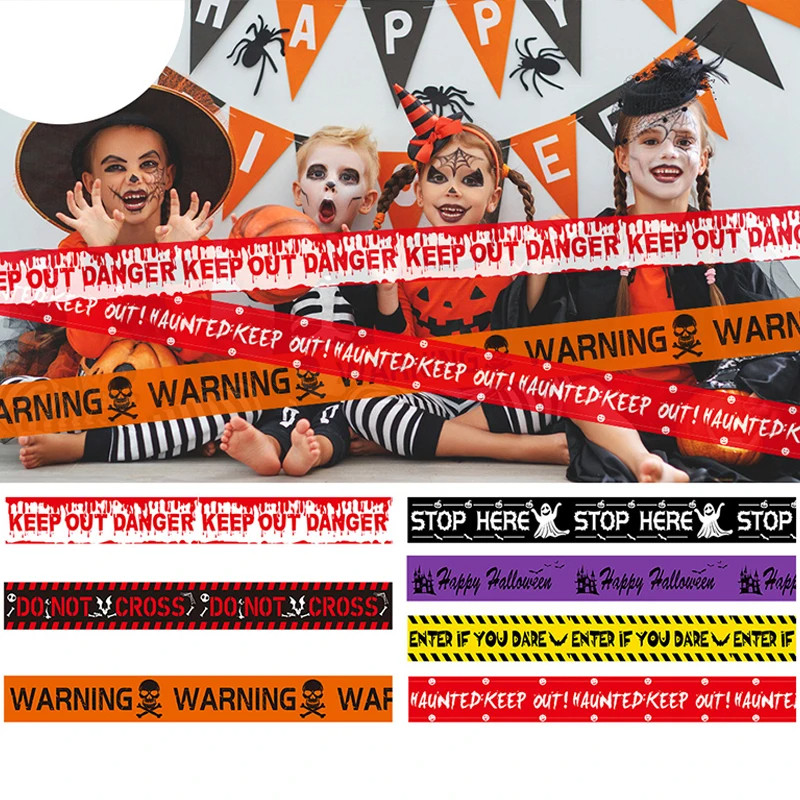 💥ตกแต่งฮาโลวีน💥ป้ายเตือนฮาโลวีน ม้วนป้องกันการซีดจาง เทปพลาสติกเตือนภัย พร็อพสําหรับปาร์ตี้ฮาโลวีน Helloween ปาร์ตี้