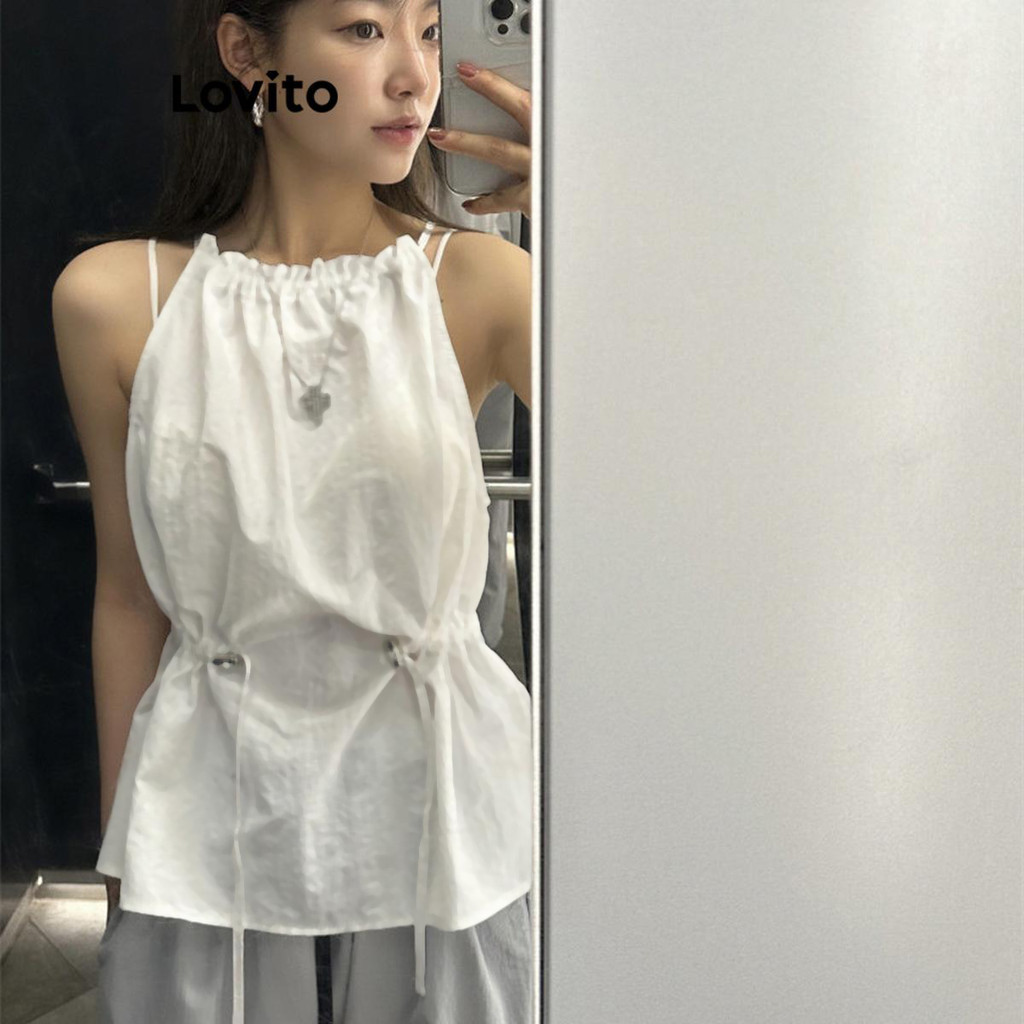 Lovito เสื้อสายเดี่ยวผู้หญิง แต่งจีบ สีพื้น สไตล์ลำลอง LNA60095
