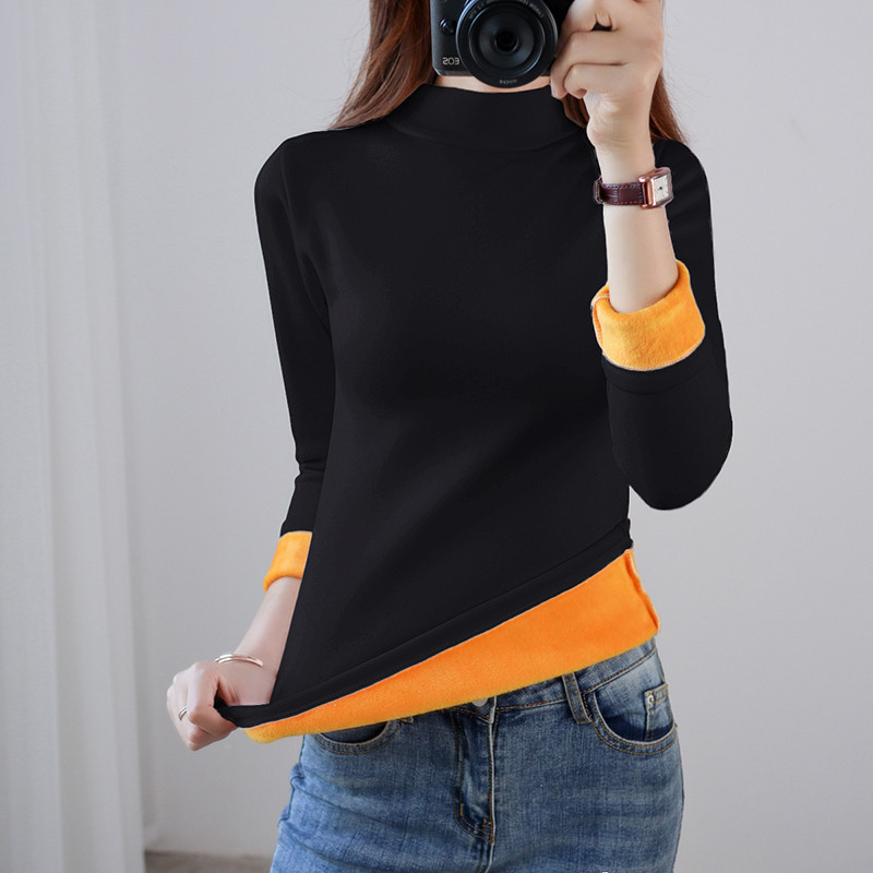 ฮีทเทค เสื้อฮีทเทค เสื้อแขนยาวผู้หญิงเสื้อตัวในคอสูงครึ่งตัวบุขนกำมะหยี่หนาพิเศษไซส์ใหญ่สีพื้นเข้ารูปเสื้อกันหนาวผู้หญิง