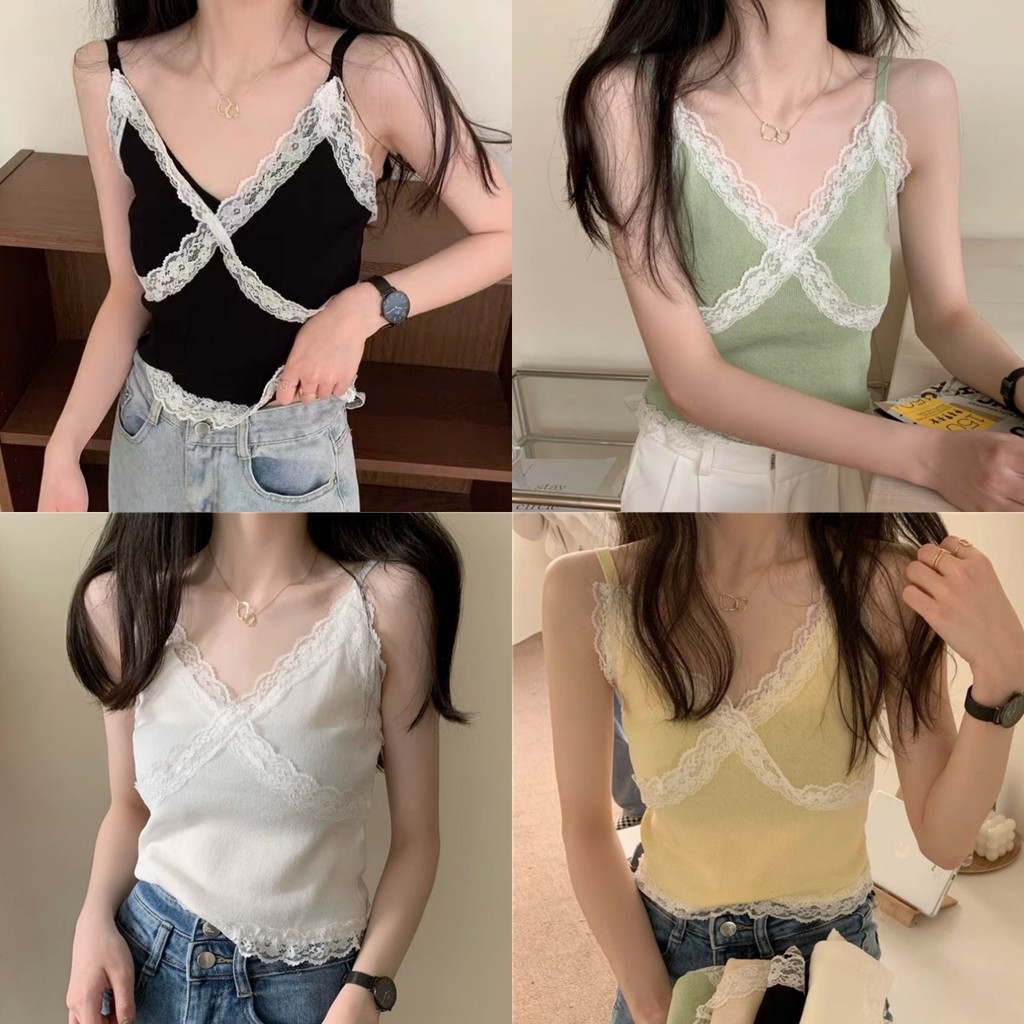 Evelyn สายเดี่ยว ผู้หญิง เข้ารูป เสื้อสายเดี่ยวไหมพรม ดีเทลลูกไม้สุดเซ็กซี่ ใส่สบาย ส่งไวจากไทย#1635-N
