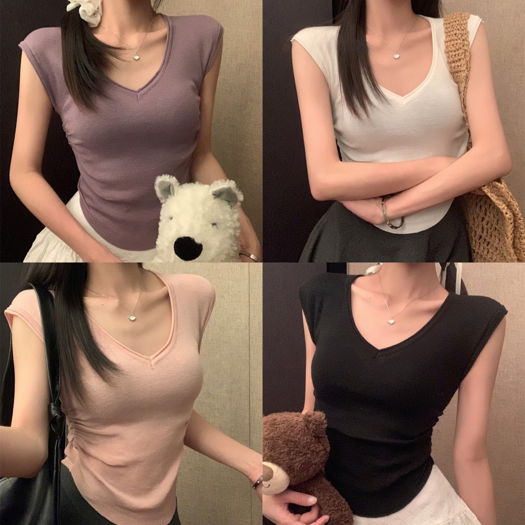 Bonnie ​เสื้อยืดไหมพรม คอวี แขนกุด สีพาสเทลน่ารัก เสื้อยืดผู้หญิง สไตล์เกาหลี เข้ารูป หลากสี แฟชั่น ส่งไวจากไทย#X52
