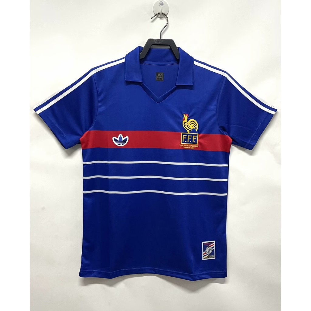 1984 ฝรั่งเศสบ้านย้อนยุคฟุตบอลเสื้อกีฬาด้านบนเสื้อยืดแขนสั้น