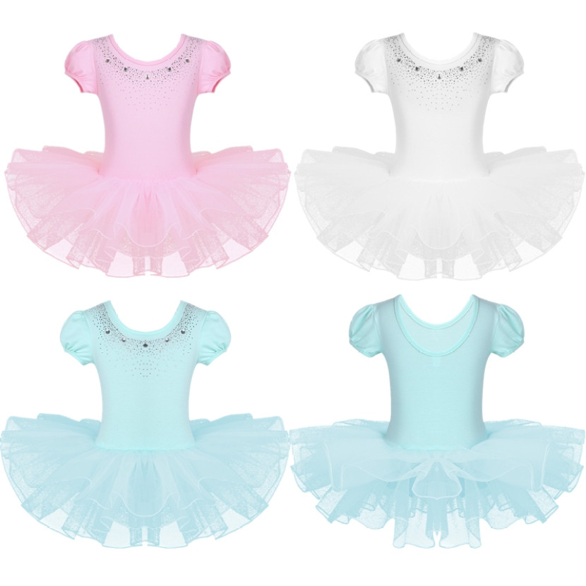 เด็กสาวบัลเล่ต์เต้นรํายิมนาสติก Leotard กับกระโปรงสั้นแขนฟอง Sparkly Rhinestones ชั้นตาข่าย Ballerina Tutu ชุด