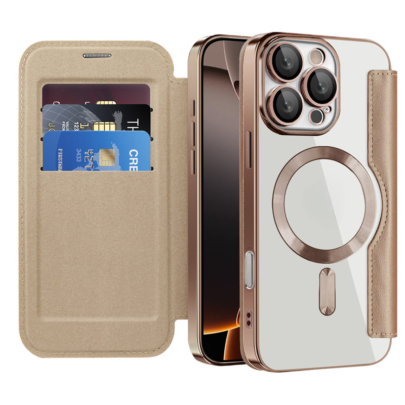 สําหรับ iPhone 16 Pro Max,16 Pro,16 Plus กรณี ELVEV หรูหราหนัง PU + ฝาครอบดูด PC โปร่งใสพร้อมช่องใส่การ์ด