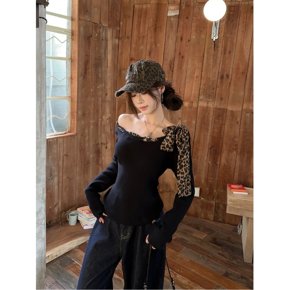 ELFwoo ออกแบบเสื้อเชิ้ตฐานไหล่เอียงแบบผูกไหล่พิมพ์ลายเสือดาวสําหรับเปิดไหล่ผู้หญิง - รูปที่ 3