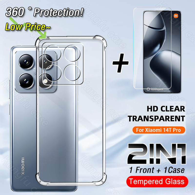 2in1ปลอกใสสําหรับxiaomi 14T 13T Pro Xiaomi14TPro Xiaomi13TPro Xiao mi 14T 5Gโปร่งใสTPUเคสโทรศัพท์กระจกนิรภัยกันกระแทกปลอกป้องกันAnti-fall Softปกหลัง