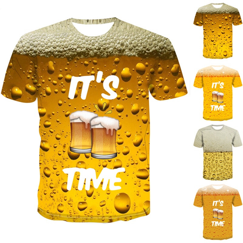 เสื้อยืดแขนสั้นผู้ชายเบียร์ตลกพิมพ์ลาย 3 มิติขายดี