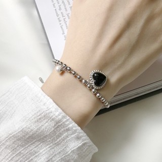 สร้อยข้อมือลูกปัดเงินแท้ รูปหัวใจสีดําสําหรับผู้หญิง