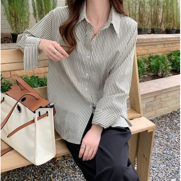 PKB2878 เสื้อเชิ้ตแขนยาวลายทางแฟชั่นสตรีใส่ทำงานคอปกแขนยาว ทรงสวย อก42 free size 🔥ส่งไวจากไทย🔥