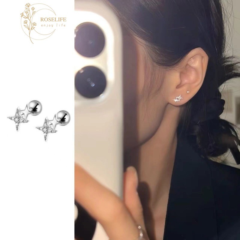 Roselife S925 เงินหวานที่ละเอียดอ่อนประกายคริสตัล Cross Star Pierced ต่างหูสกรูสําหรับผู้หญิงสาวอินเทรนด์ Hypoallergenic ทุกวันหู Studs เครื่องประดับ