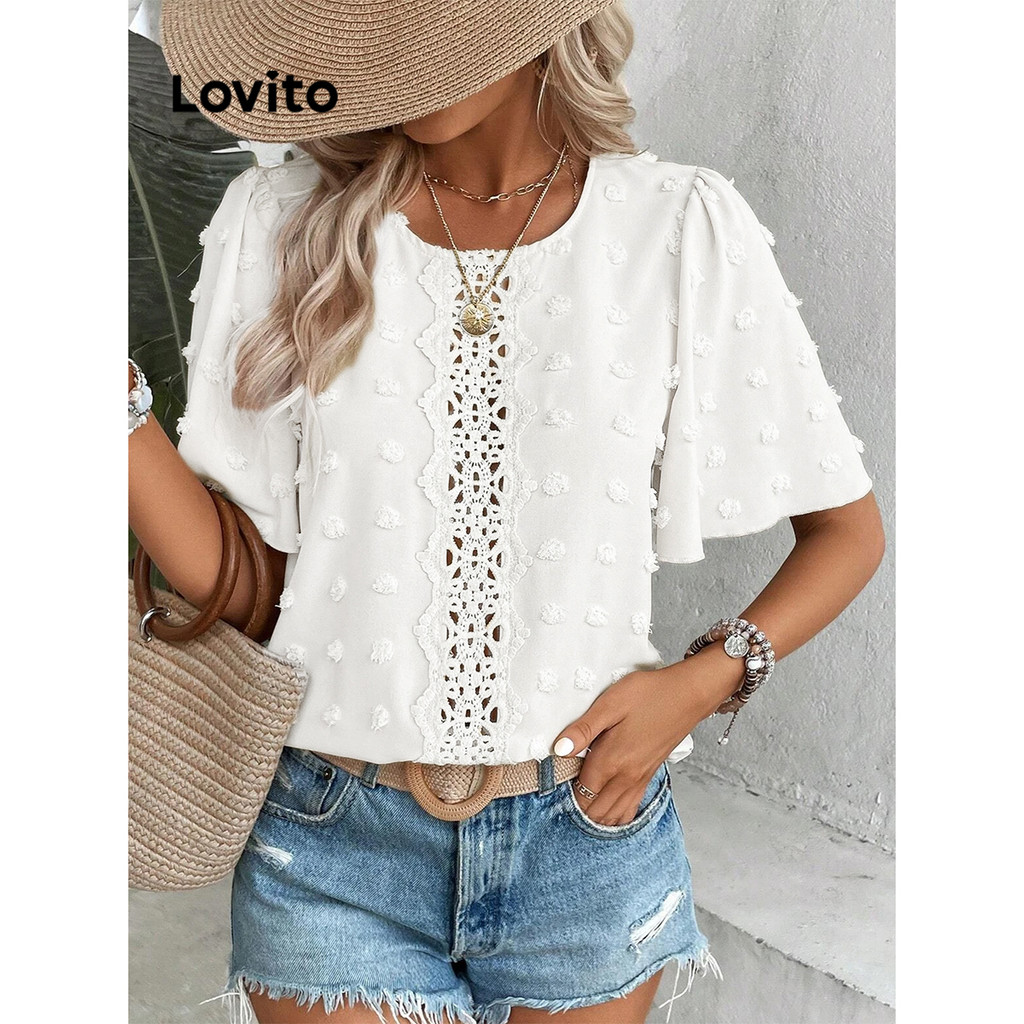Lovito เสื้อ แจ็คการ์ด ลูกไม้ธรรมดาหรูหราสำหรับผู้หญิง LBL16725