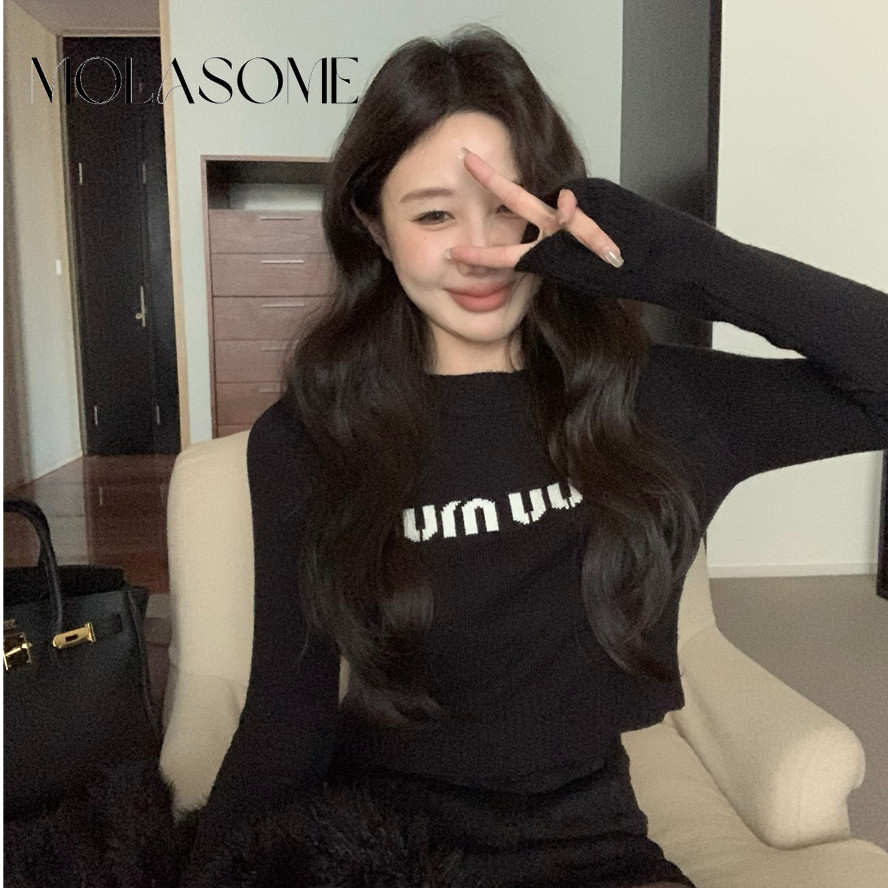 โมลาโซเมะ ผู้หญิง2024แฟชั่นใหม่จดหมายพิมพ์สีทึบถักสลิมฟิตเสื้อกันหนาวที่สง่างาม