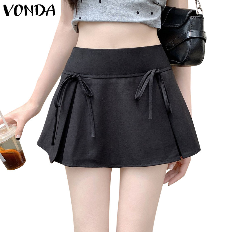 Vonda กระโปรงสั้น A-Line ผู้หญิงเกาหลีลําลองสีทึบฤดูร้อน