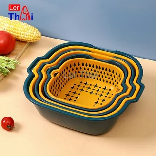 LerThai ตะกร้าล้างผักผลไม้ 2in1 แบบ 2 ชั้น กันน้ำกระเด็น พร้อมตะแกรงระบายน้ำ Vegetable/Fruit Washing Basket