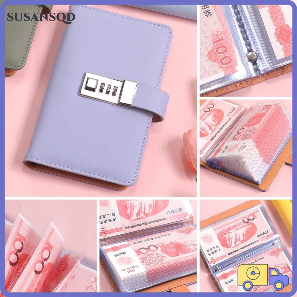 Susansqd 100 ซองจดหมายประหยัดเงิน Challenge ประหยัดเงิน PU Mini Binder Saving Challenge, ตลกนํากลับมาใช้ใหม่ด้วยรหัสผ่านล็อคความจุขนาดใหญ่แผ่นเด็ก
