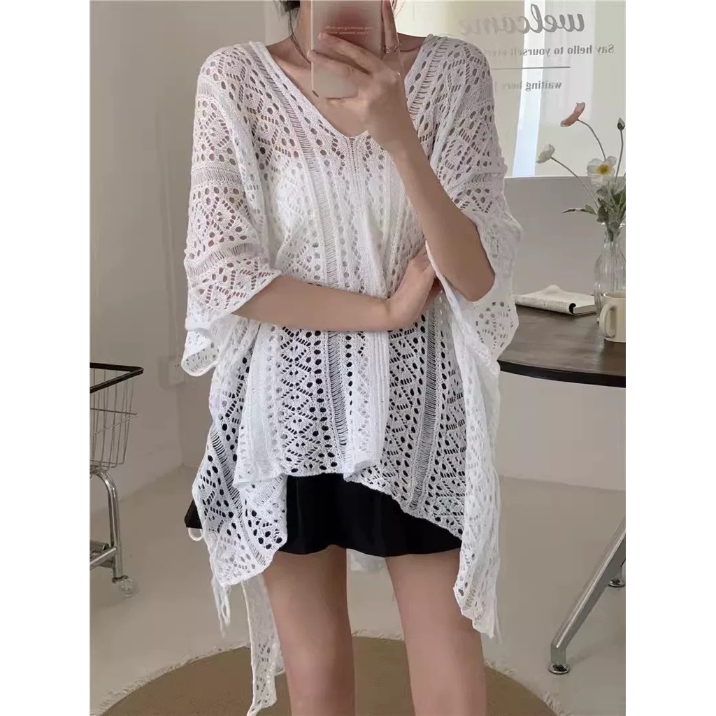Dahong 💖 เสื้อไหมพรมถักฉลุ ทรงผีเสื้อ แขนสั้น V คอธรรมดา Plus ขนาดแฟชั่นหลวมเสื้อยืด  โบฮีเมียน สไตล์เกาหลี Z771 รูปที่ 4