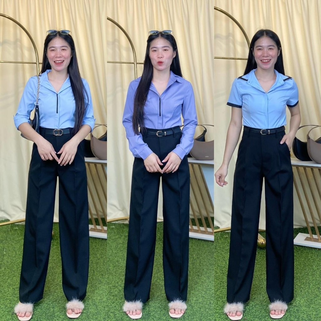 T19 เสื้อเชิ้ตคอปก แขนสั้น แขนยาว ทรงเข้ารูปผู้หญิงใส่ทำงาน ผ้าไหมอิตาลี