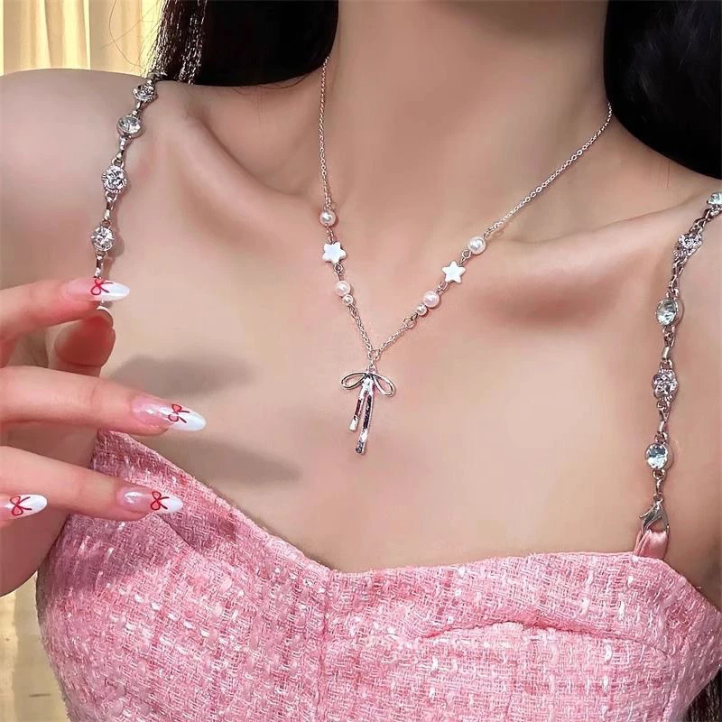 สร้อยคอโซ่ประดับไข่มุก จี้โบว์ สไตล์เกาหลี แฟชั่น INS thumbnail 8