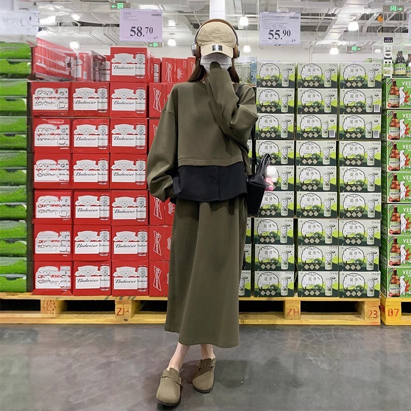ชุดสองชิ้น(40-120กก.) สไตล์ Commuting Oversize Long Sleeve Splicing Tops Plus Size A-Line Skirt