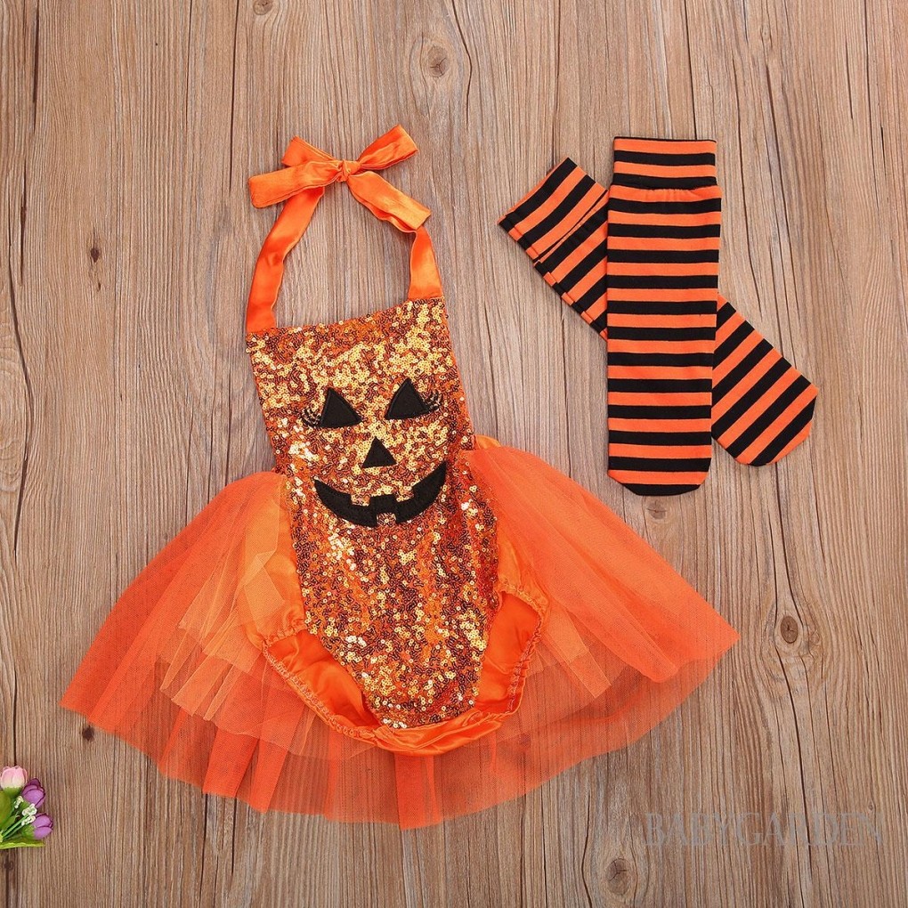 //-ทารกเด็กสาวฮาโลวีนชุดฟักทองใบหน้าสีส้มเลื่อมHalter Tulle Tutu Romperชุด + ถุงน่องลาย