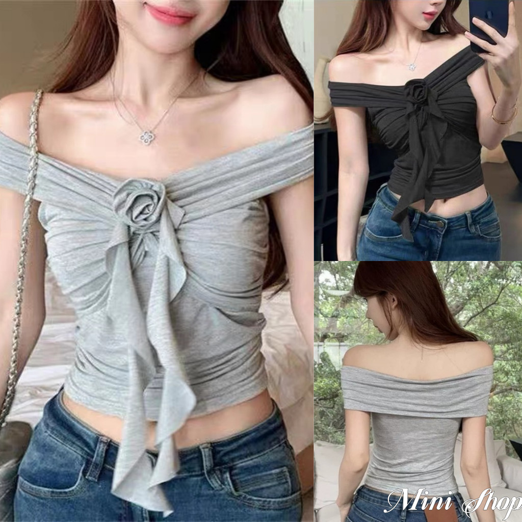 Mini shop🌸พร้อมส่ง🌸 เสื้อเปิดไหล่ แขนสั้น สีพื้น ยืดตามตัว สวมใส่สบาย (FY2656)