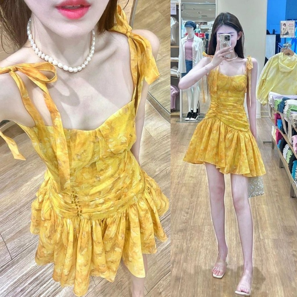 ชุด ผู้หญิงสีเหลืองผิดปกติจีบดอกไม้แขวนใหม่เซ็กซี่สายรัดเอว