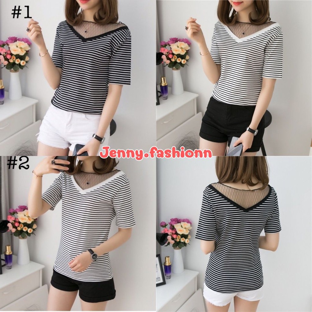 🌟Jenny🌟 เสื้อแฟชั่นคอวี ดีเทลตาข่ายที่คอ ผ้านิ่ม ใส่สบาย #Z99