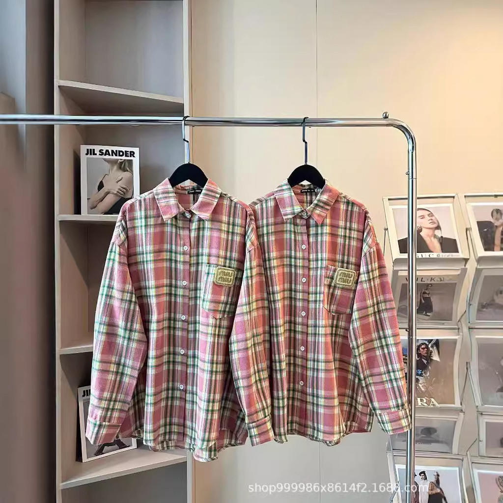 MIUMIU Autumn New Preppy Style Korean Style Gold Logo EmbroiderylogoPink Plaid Button Shirt
