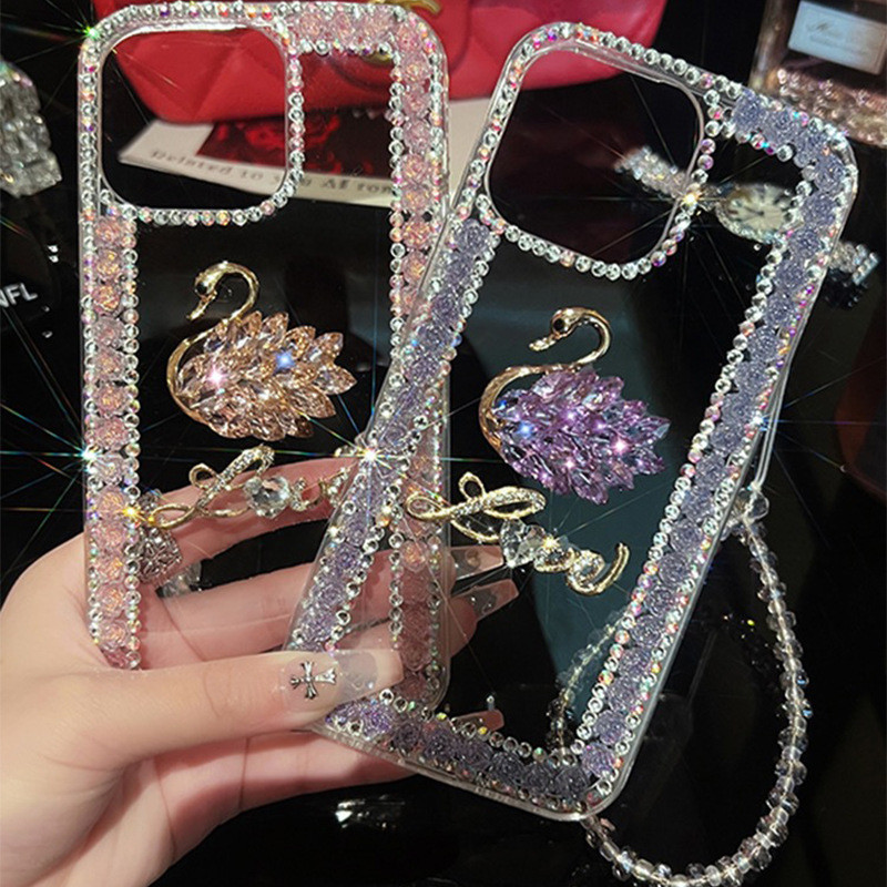 เคสโทรศัพท์คริสตัลสําหรับoppo Reno 12 11 0 9 8 8Z 7 7Z 6 5 5Z A18 A38 A58 A78 A98 A96 A54 A15 Luxury Rhinestone Swanกันกระแทก