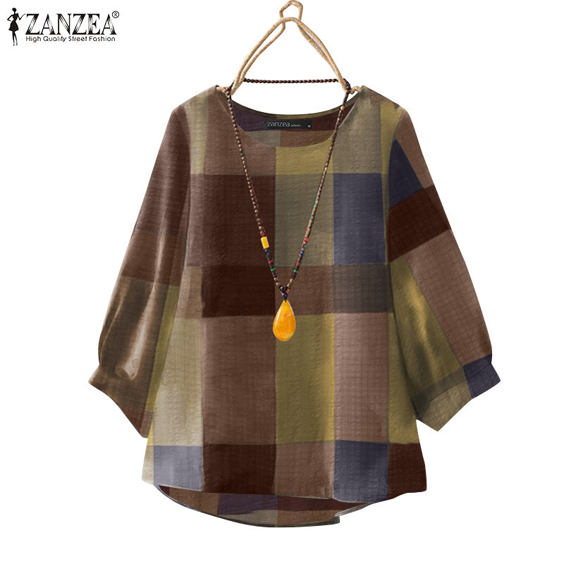 ZANZEA ซานเซีย ผู้หญิงลําลองรอบคอ 3/4 แขนลายสก๊อตพิมพ์เสื้อหลวม