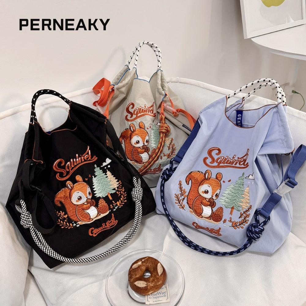 กระเป๋าช้อปปิ้ง PERNEAKY, กระเป๋าความจุขนาดใหญ่ปักลาย, กระเป๋าสะพายผ้าไนลอนแบบพกพา Girl