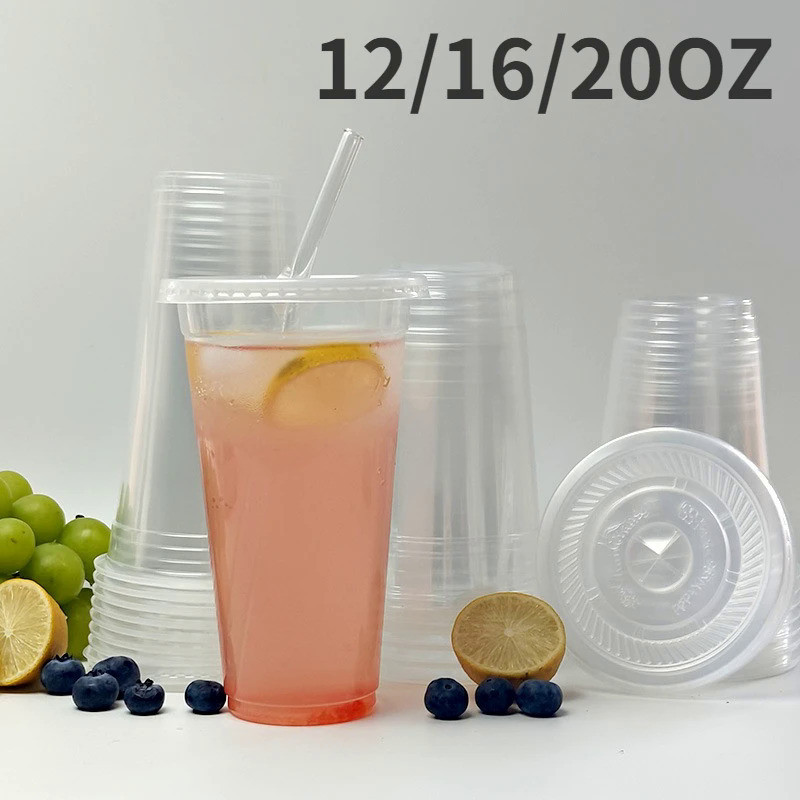 50PCS Disposable Plastic Cup with Lid 12/16/20OZ Transparent Cup Suitable Smoothies Home Parties Res