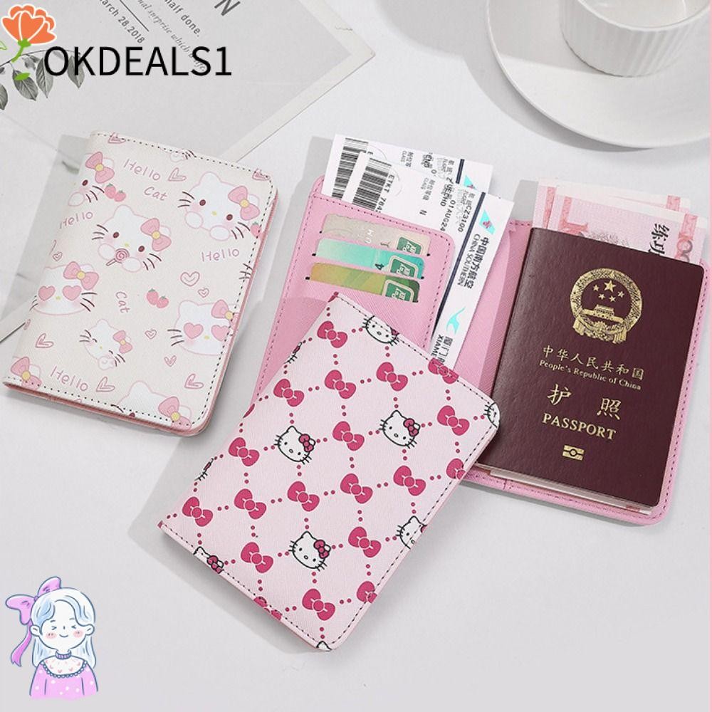 Dealshop ที่ใส่หนังสือเดินทาง, Hello Kitty PU Leather Passport Bag, Cute Portable Ultra-thin Multi-function Credit Card Wallet Travel