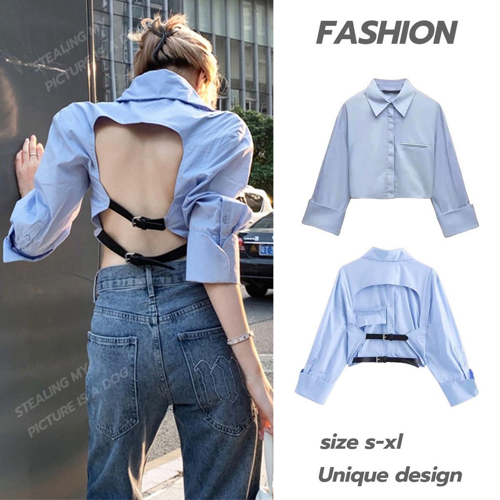 mimi&didi#เสื้อเชิ้ตแขนยาวเว้าหลังเข็มขัดคู่ ทรงเข้ารูป เสื้อครอป y2k เซ็กซี่มากสำหรับผู้หญิง ชุดแฟชั่นสาวฮอตสุดฮอต#W499
