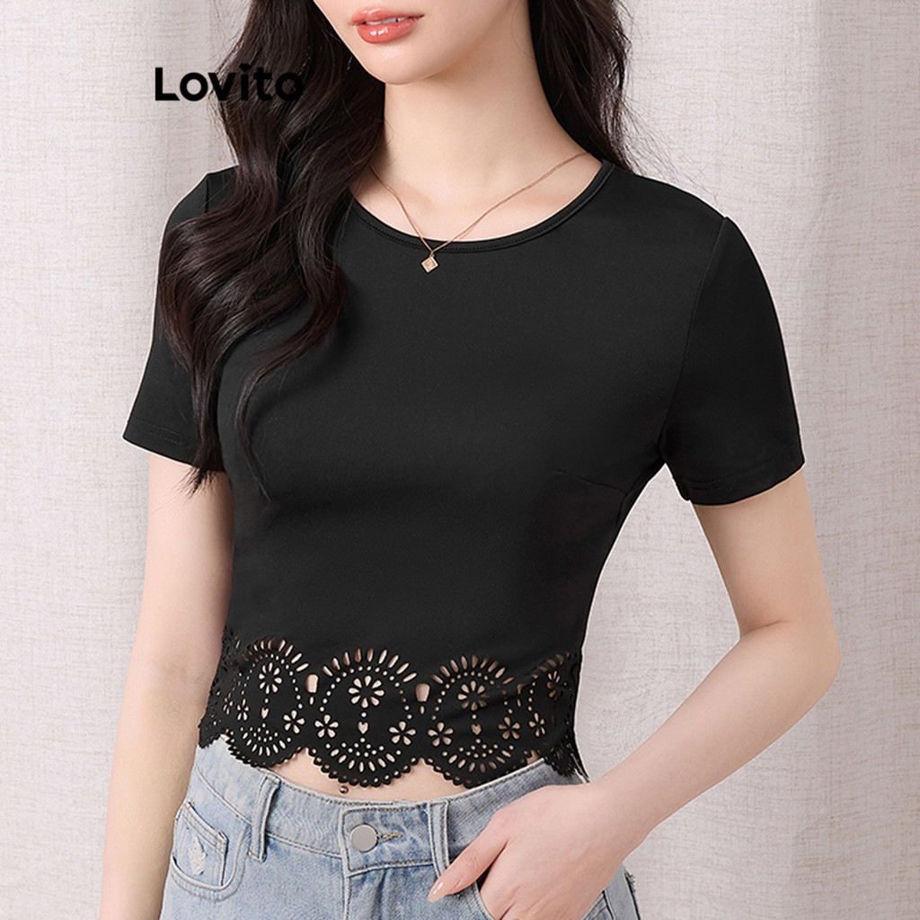 Lovito เสื้อยืดลายธรรมดาสำหรับผู้หญิง L104ED083
