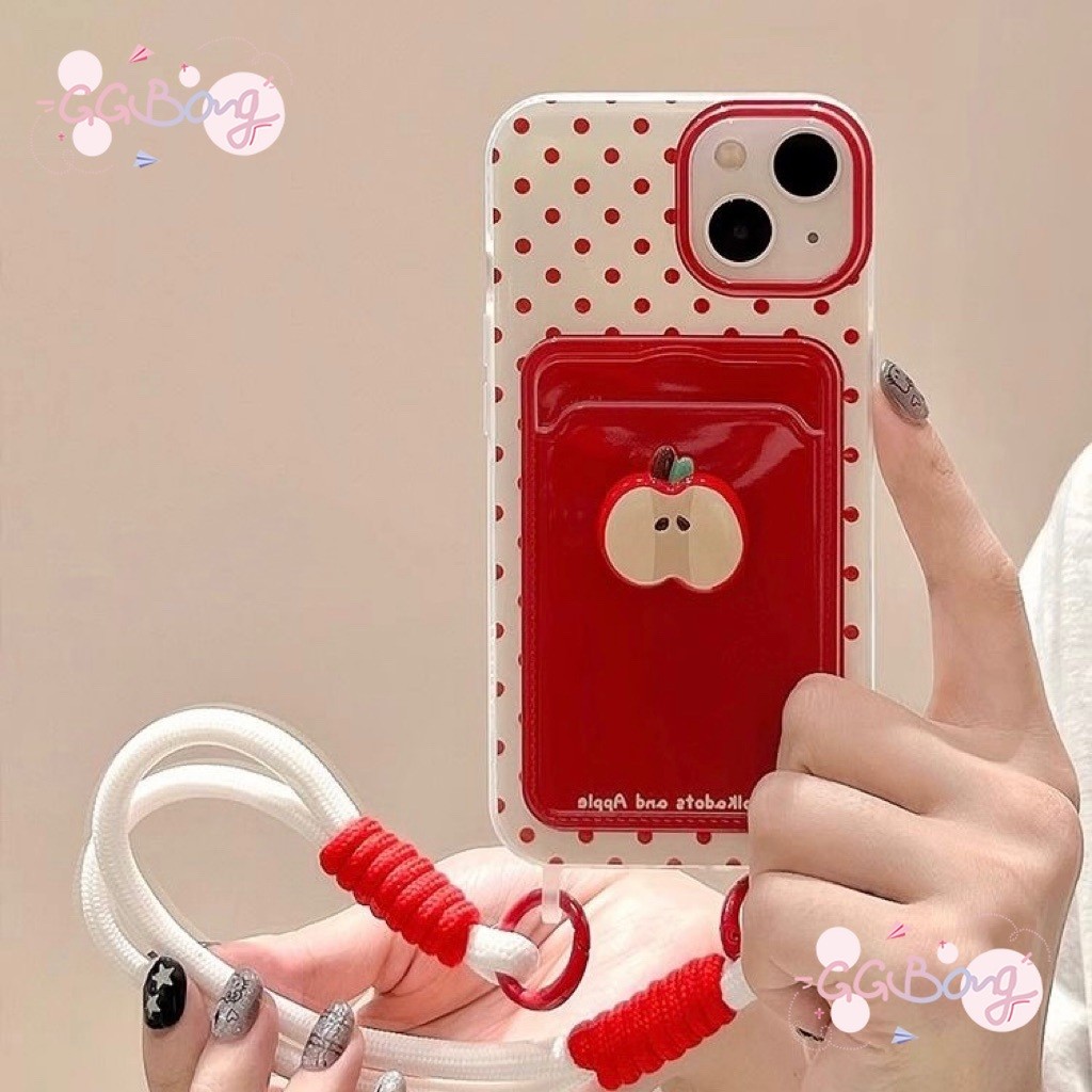 เคสใส่บัตรแบบมีสายคล้องสองเส้นลายจุดสีแดงรูปผลไม้ เคสไอโฟน 11 13 16 XR 15 14 12 Pro Max 7 14 15 16 8 Plus X XS Max เคส