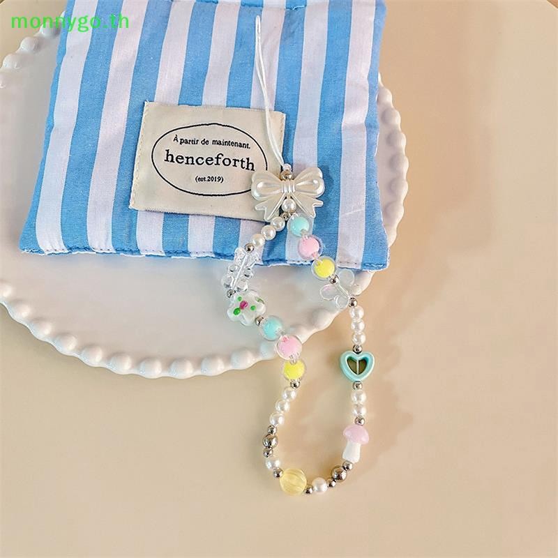 Monnygo หมีน่ารักโบว์ลูกปัดโทรศัพท์มือถือ Charm สายรัดข้อมือ Keycord Lanyard สาวหัวใจพวงกุญแจเคสโทรศัพท์แขวนเครื่องประดับของขวัญ TH