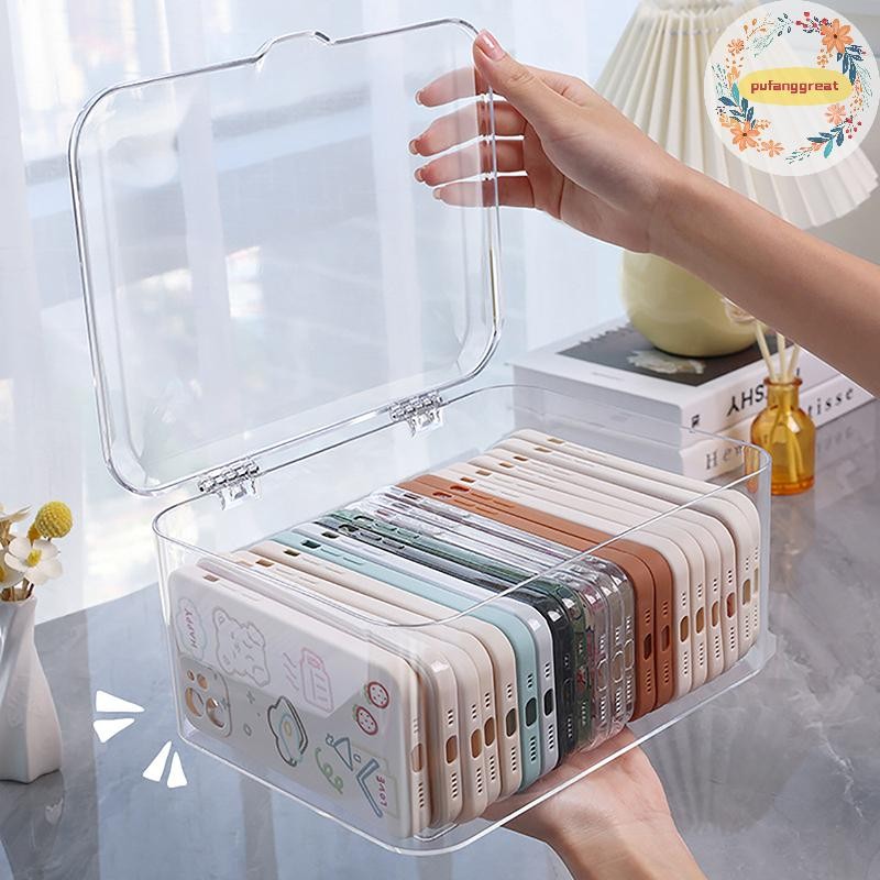 Pufanggreat อะคริลิค Sundries ตะกร้าเก็บเคสโทรศัพท์ Ins โปร่งใสเคสโทรศัพท์ Organizer กล่องเก็บพร้อมฝาปิด Home Desktop TH