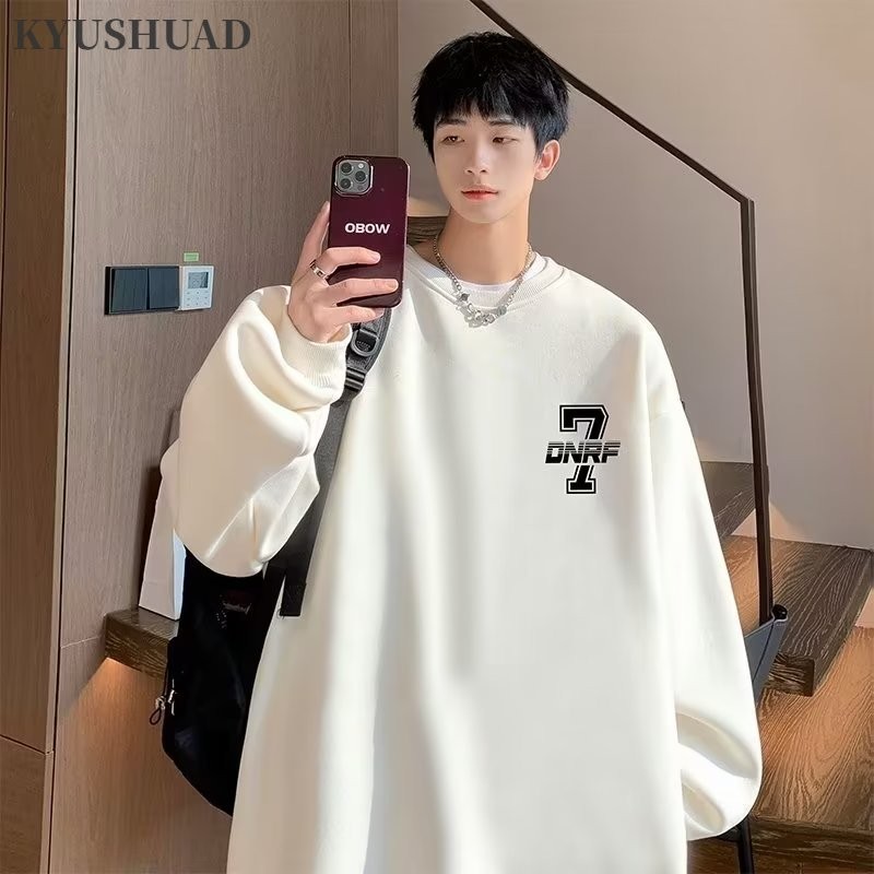 American-style Heavy Sweaterผู้ชายใหม่แฟชั่นแบรนด์การพิมพ์รอบคอหลวมAll-Matchingขนแกะ-Linedคู่