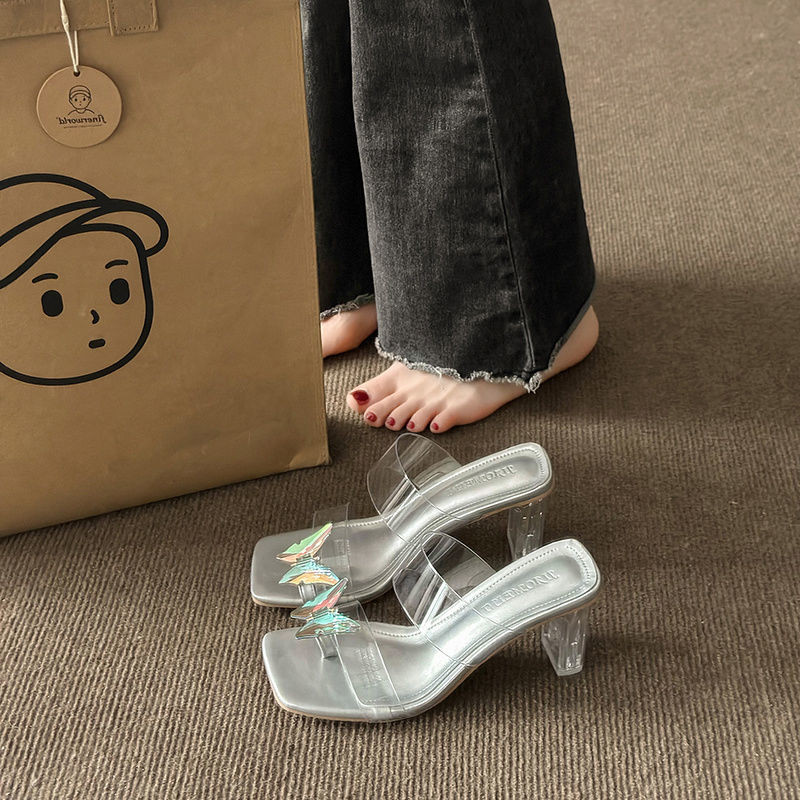 รองเท้าส้นสูง Chunky Heels รองเท้าแตะส้นสูงเพิ่มความสูงผีเสื้ออ่อนโยน Retro