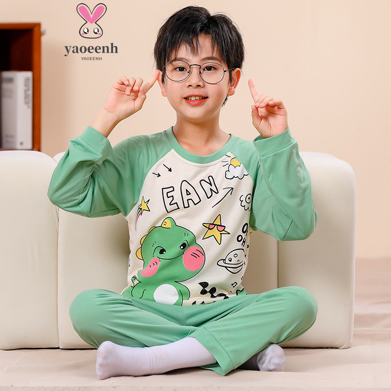 【YAOEENH】110-155เซนติเมตรฤดูใบไม้ผลิฤดูใบไม้ร่วงกลางเด็กเล็กแขนยาวกางเกงชุดนอนชุดชายหญิงการ์ตูนบางสไตล์ แร็กแลน แขน ชุดบ้าน พร้อมสต็อกการจัดส่งที่รวดเร็ว