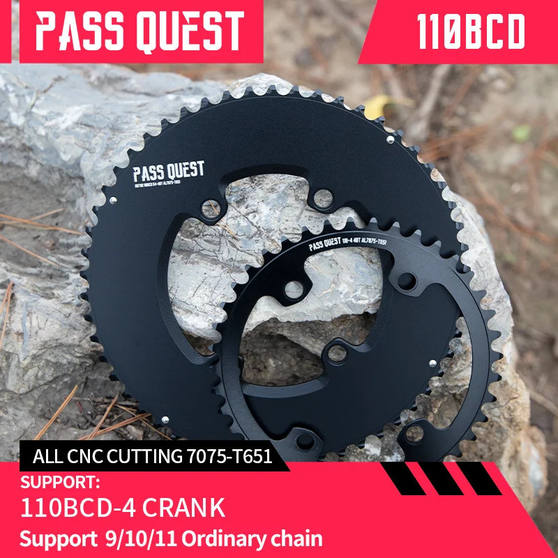 เพลาข้อเหวี่ยงชุดรอบสีดำ PASS QUEST ROTOR BCD110 2X Sprocket AERO เหมาะสำหรับจักรยานกรวดความเร็ว 9-1