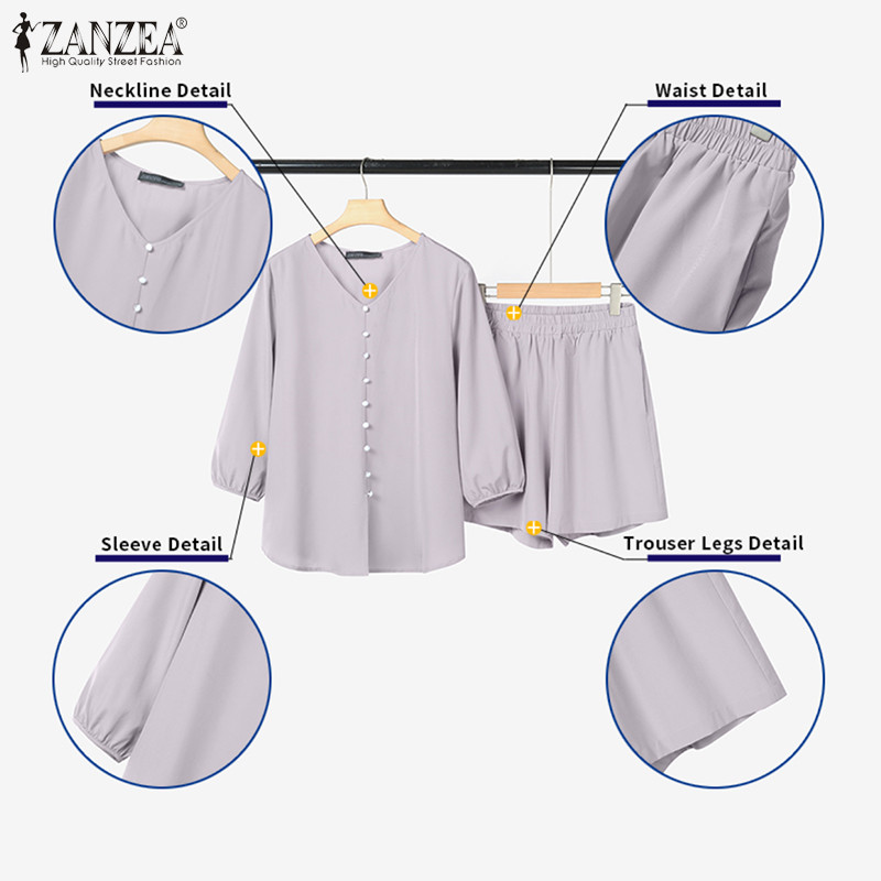 ZANZEA ชุดลำลองสไตล์เกาหลี คอV แขนบานพิเศษ ขากว้าง - รูปที่ 5