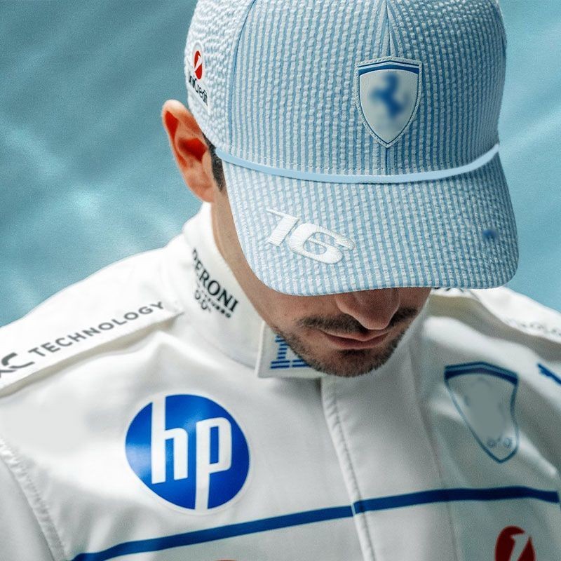 F1 racing cap, sky blue corduroy, Ferrari team custom cap, sun visor curved brim cap, SF90, Leclerc,