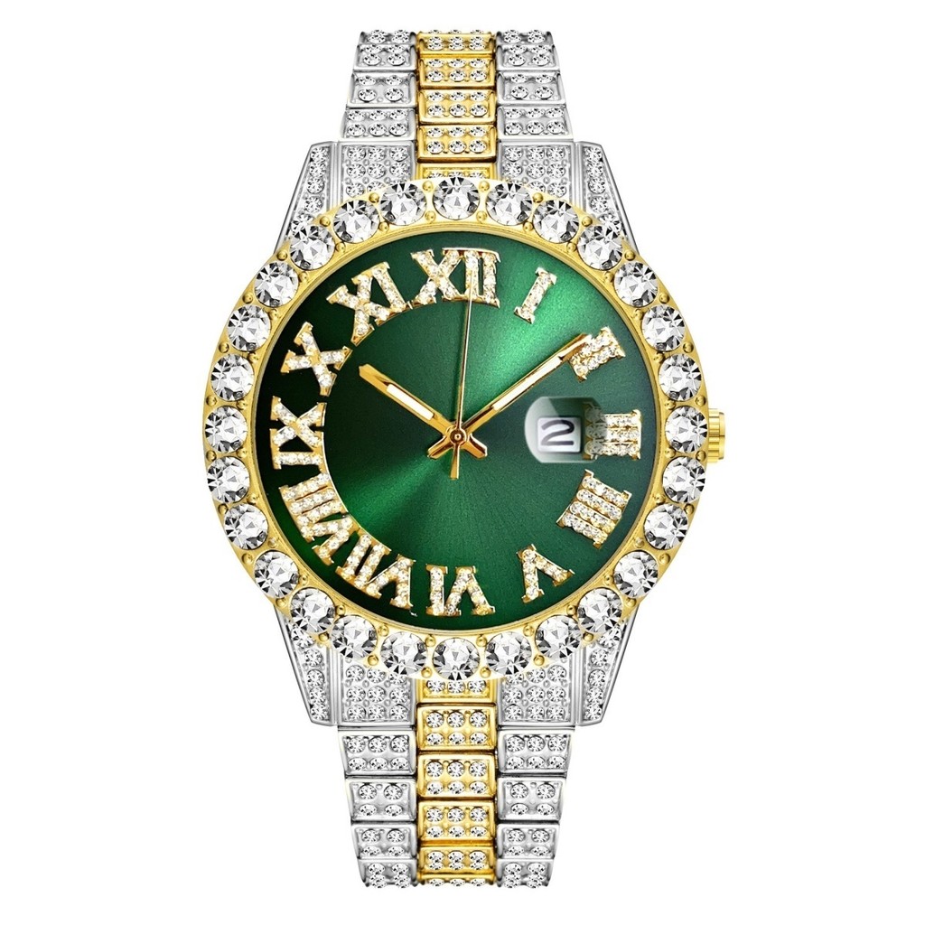✨2025✨ Jam tangan lelaki เพชรหรูหรานาฬิกา Hip-Hop และแฟชั่นหรูหราเพชรนาฬิกาผู้ชายควอตซ์ฝังเพชรสีเขีย