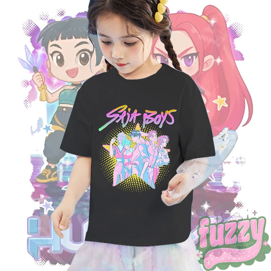 FUZZY & Kpop Demon Hunters เสื้อยืด Baju เด็ก Kpop Saja เด็กครอบครัว Merch ผ้าฝ้าย  แขนสั้นสําหรับชายหญิง