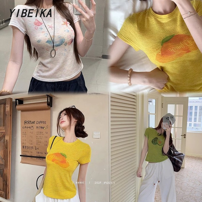 เสื้อยืดแขนสั้นคอกลมพิมพ์ลายสำหรับผู้หญิง ออกแบบไหล่แท้